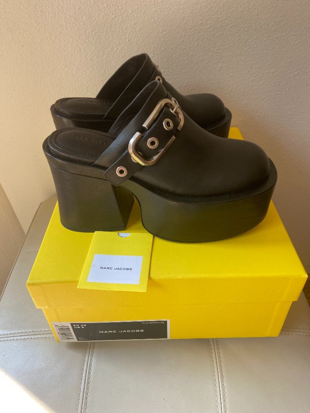 $495 Marc Jacobs The J Marc Black Leather Platform Clogs Mules Heels Size US 9